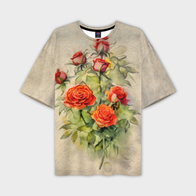 Мужская футболка oversize 3D с принтом Букет красных роз акварель в Курске,  |  | 