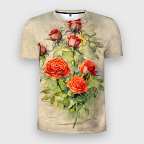 Мужская футболка 3D Slim с принтом Букет красных роз акварель в Курске, 100% полиэстер с улучшенными характеристиками | приталенный силуэт, круглая горловина, широкие плечи, сужается к линии бедра | Тематика изображения на принте: 