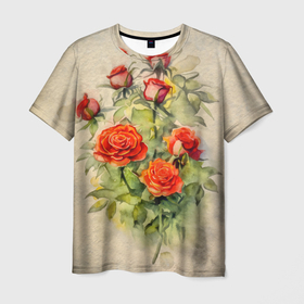 Мужская футболка 3D с принтом Букет красных роз акварель в Курске, 100% полиэфир | прямой крой, круглый вырез горловины, длина до линии бедер | Тематика изображения на принте: 