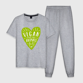 Мужская пижама хлопок с принтом Vegan for the animals в Санкт-Петербурге, 100% хлопок | брюки и футболка прямого кроя, без карманов, на брюках мягкая резинка на поясе и по низу штанин
 | 