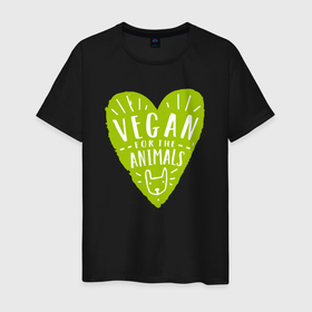 Мужская футболка хлопок с принтом Vegan for the animals в Санкт-Петербурге, 100% хлопок | прямой крой, круглый вырез горловины, длина до линии бедер, слегка спущенное плечо. | Тематика изображения на принте: 