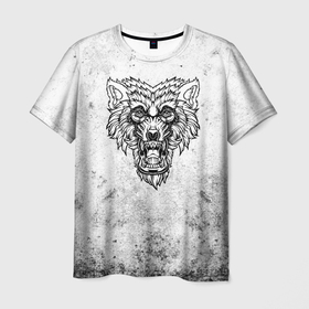Мужская футболка 3D с принтом Черно белый злой волк , 100% полиэфир | прямой крой, круглый вырез горловины, длина до линии бедер | 