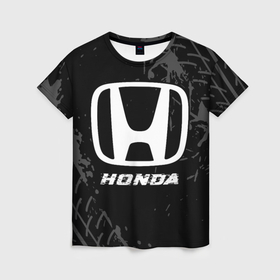 Женская футболка 3D с принтом Honda speed на темном фоне со следами шин в Петрозаводске, 100% полиэфир ( синтетическое хлопкоподобное полотно) | прямой крой, круглый вырез горловины, длина до линии бедер | 