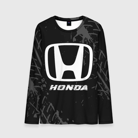 Мужской лонгслив 3D с принтом Honda speed на темном фоне со следами шин в Санкт-Петербурге, 100% полиэстер | длинные рукава, круглый вырез горловины, полуприлегающий силуэт | 