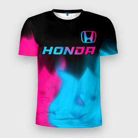 Мужская футболка 3D Slim с принтом Honda   neon gradient: символ сверху , 100% полиэстер с улучшенными характеристиками | приталенный силуэт, круглая горловина, широкие плечи, сужается к линии бедра | Тематика изображения на принте: 