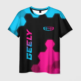 Мужская футболка 3D с принтом Geely   neon gradient: надпись, символ в Петрозаводске, 100% полиэфир | прямой крой, круглый вырез горловины, длина до линии бедер | 