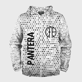 Мужская ветровка 3D с принтом Pantera glitch на светлом фоне: надпись, символ в Екатеринбурге, 100% полиэстер | подол и капюшон оформлены резинкой с фиксаторами, два кармана без застежек по бокам, один потайной карман на груди | 
