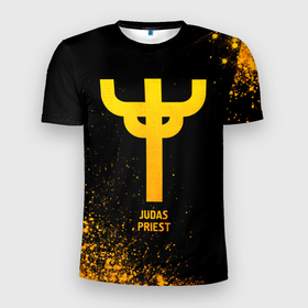 Мужская футболка 3D Slim с принтом Judas Priest   gold gradient в Белгороде, 100% полиэстер с улучшенными характеристиками | приталенный силуэт, круглая горловина, широкие плечи, сужается к линии бедра | 