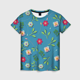 Женская футболка 3D с принтом Цветы и зеленые веточки в Тюмени, 100% полиэфир ( синтетическое хлопкоподобное полотно) | прямой крой, круглый вырез горловины, длина до линии бедер | 