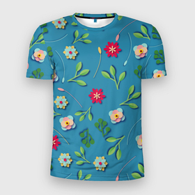 Мужская футболка 3D Slim с принтом Цветы и зеленые веточки в Курске, 100% полиэстер с улучшенными характеристиками | приталенный силуэт, круглая горловина, широкие плечи, сужается к линии бедра | Тематика изображения на принте: 
