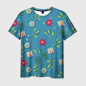 Мужская футболка 3D с принтом Цветы и зеленые веточки в Курске, 100% полиэфир | прямой крой, круглый вырез горловины, длина до линии бедер | Тематика изображения на принте: 