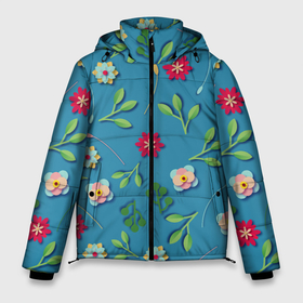 Мужская зимняя куртка 3D с принтом Цветы и зеленые веточки в Кировске, верх — 100% полиэстер; подкладка — 100% полиэстер; утеплитель — 100% полиэстер | длина ниже бедра, свободный силуэт Оверсайз. Есть воротник-стойка, отстегивающийся капюшон и ветрозащитная планка. 

Боковые карманы с листочкой на кнопках и внутренний карман на молнии. | 