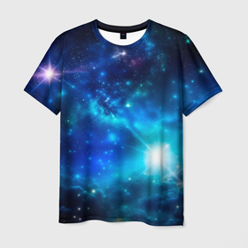 Мужская футболка 3D с принтом Звёздный космос чёрно синий в Екатеринбурге, 100% полиэфир | прямой крой, круглый вырез горловины, длина до линии бедер | 