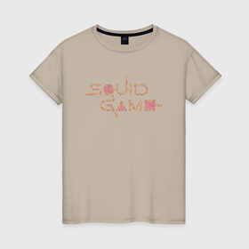 Женская футболка хлопок с принтом Игра в кальмара, logo в Екатеринбурге, 100% хлопок | прямой крой, круглый вырез горловины, длина до линии бедер, слегка спущенное плечо | 