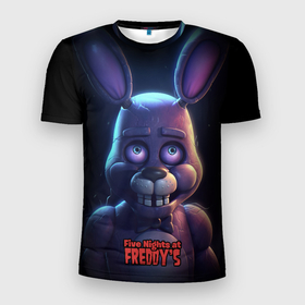 Мужская футболка 3D Slim с принтом Bonnie FNAF в Тюмени, 100% полиэстер с улучшенными характеристиками | приталенный силуэт, круглая горловина, широкие плечи, сужается к линии бедра | 