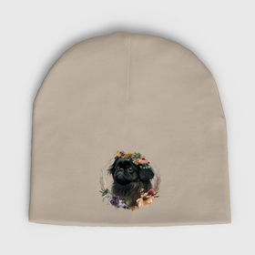 Мужская шапка демисезонная с принтом Пекинес черный с венком из цветов в Кировске,  |  | Тематика изображения на принте: 