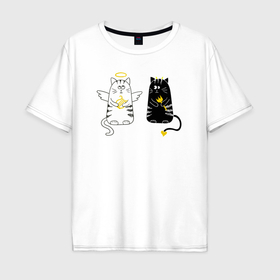 Мужская футболка хлопок Oversize с принтом Коты   ангел и дьявол в Белгороде, 100% хлопок | свободный крой, круглый ворот, “спинка” длиннее передней части | Тематика изображения на принте: 