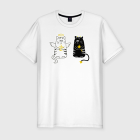 Мужская футболка хлопок Slim с принтом Коты   ангел и дьявол в Белгороде, 92% хлопок, 8% лайкра | приталенный силуэт, круглый вырез ворота, длина до линии бедра, короткий рукав | 