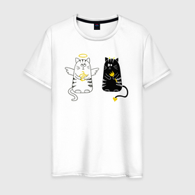 Мужская футболка хлопок с принтом Коты   ангел и дьявол в Белгороде, 100% хлопок | прямой крой, круглый вырез горловины, длина до линии бедер, слегка спущенное плечо. | Тематика изображения на принте: 