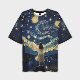 Мужская футболка oversize 3D с принтом Девушка и звездная ночь в Кировске,  |  | 