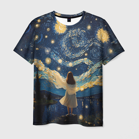Мужская футболка 3D с принтом Девушка и звездная ночь в Курске, 100% полиэфир | прямой крой, круглый вырез горловины, длина до линии бедер | 