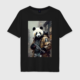 Мужская футболка хлопок Oversize с принтом Cool panda   cyberpunk   warrior в Новосибирске, 100% хлопок | свободный крой, круглый ворот, “спинка” длиннее передней части | Тематика изображения на принте: 