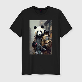 Мужская футболка хлопок Slim с принтом Cool panda   cyberpunk   warrior в Новосибирске, 92% хлопок, 8% лайкра | приталенный силуэт, круглый вырез ворота, длина до линии бедра, короткий рукав | 