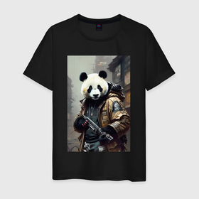 Мужская футболка хлопок с принтом Cool panda   cyberpunk   warrior в Новосибирске, 100% хлопок | прямой крой, круглый вырез горловины, длина до линии бедер, слегка спущенное плечо. | 
