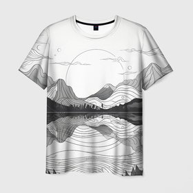 Мужская футболка 3D с принтом Минималистичный пейзаж чб в Кировске, 100% полиэфир | прямой крой, круглый вырез горловины, длина до линии бедер | 
