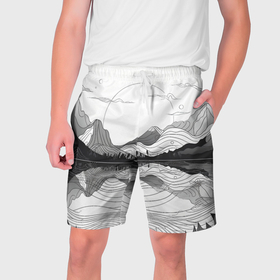 Мужские шорты 3D с принтом Минималистичный пейзаж чб в Тюмени,  полиэстер 100% | прямой крой, два кармана без застежек по бокам. Мягкая трикотажная резинка на поясе, внутри которой широкие завязки. Длина чуть выше колен | 