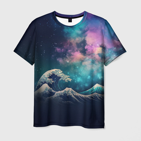 Мужская футболка 3D с принтом Космическая Большая волна в Канагаве в Кировске, 100% полиэфир | прямой крой, круглый вырез горловины, длина до линии бедер | 