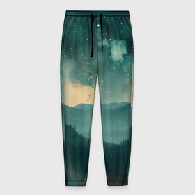 Мужские брюки 3D с принтом космическая ночь в горах в Белгороде, 100% полиэстер | манжеты по низу, эластичный пояс регулируется шнурком, по бокам два кармана без застежек, внутренняя часть кармана из мелкой сетки | 