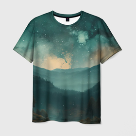 Мужская футболка 3D с принтом космическая ночь в горах , 100% полиэфир | прямой крой, круглый вырез горловины, длина до линии бедер | 