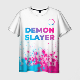 Мужская футболка 3D с принтом Demon Slayer neon gradient style: символ сверху в Екатеринбурге, 100% полиэфир | прямой крой, круглый вырез горловины, длина до линии бедер | 