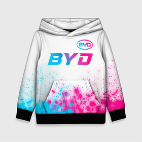 Детская толстовка 3D с принтом BYD neon gradient style: символ сверху в Екатеринбурге, 100% полиэстер | двухслойный капюшон со шнурком для регулировки, мягкие манжеты на рукавах и по низу толстовки, спереди карман-кенгуру с мягким внутренним слоем | 