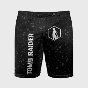 Мужские шорты спортивные с принтом Tomb Raider glitch на темном фоне: надпись, символ в Курске,  |  | Тематика изображения на принте: 