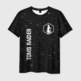 Мужская футболка 3D с принтом Tomb Raider glitch на темном фоне: надпись, символ в Екатеринбурге, 100% полиэфир | прямой крой, круглый вырез горловины, длина до линии бедер | 
