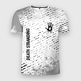 Мужская футболка 3D Slim с принтом Death Stranding glitch на светлом фоне: надпись, символ в Санкт-Петербурге, 100% полиэстер с улучшенными характеристиками | приталенный силуэт, круглая горловина, широкие плечи, сужается к линии бедра | 