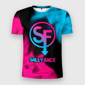 Мужская футболка 3D Slim с принтом Sally Face   neon gradient в Рязани, 100% полиэстер с улучшенными характеристиками | приталенный силуэт, круглая горловина, широкие плечи, сужается к линии бедра | Тематика изображения на принте: 