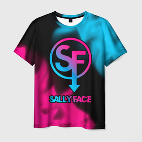 Мужская футболка 3D с принтом Sally Face   neon gradient , 100% полиэфир | прямой крой, круглый вырез горловины, длина до линии бедер | 