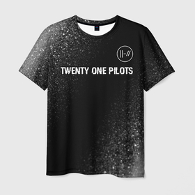 Мужская футболка 3D с принтом Twenty One Pilots glitch на темном фоне: символ сверху в Новосибирске, 100% полиэфир | прямой крой, круглый вырез горловины, длина до линии бедер | 
