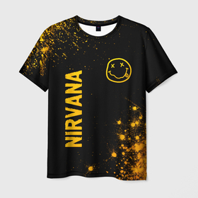 Мужская футболка 3D с принтом Nirvana   gold gradient: надпись, символ в Курске, 100% полиэфир | прямой крой, круглый вырез горловины, длина до линии бедер | 