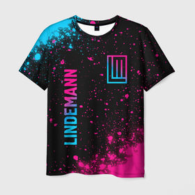 Мужская футболка 3D с принтом Lindemann   neon gradient: надпись, символ в Кировске, 100% полиэфир | прямой крой, круглый вырез горловины, длина до линии бедер | Тематика изображения на принте: 
