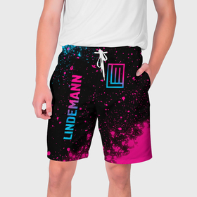 Мужские шорты 3D с принтом Lindemann   neon gradient: надпись, символ в Екатеринбурге,  полиэстер 100% | прямой крой, два кармана без застежек по бокам. Мягкая трикотажная резинка на поясе, внутри которой широкие завязки. Длина чуть выше колен | 
