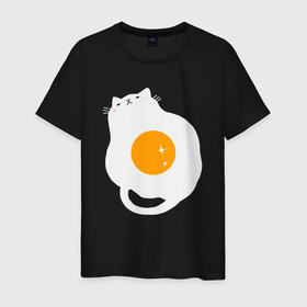 Мужская футболка хлопок с принтом Котик яичница в Новосибирске, 100% хлопок | прямой крой, круглый вырез горловины, длина до линии бедер, слегка спущенное плечо. | Тематика изображения на принте: 