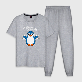 Мужская пижама хлопок с принтом Fly penguin в Белгороде, 100% хлопок | брюки и футболка прямого кроя, без карманов, на брюках мягкая резинка на поясе и по низу штанин
 | 
