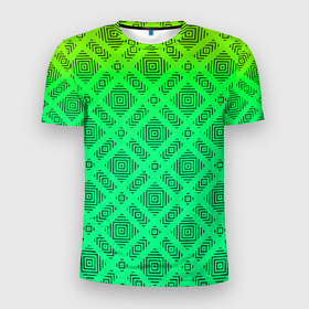 Мужская футболка 3D Slim с принтом Желто зеленый градиентный фон с геометрическим узором в Петрозаводске, 100% полиэстер с улучшенными характеристиками | приталенный силуэт, круглая горловина, широкие плечи, сужается к линии бедра | 