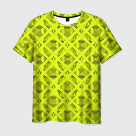 Мужская футболка 3D с принтом Черный геометрический орнамент на желтом фоне в Екатеринбурге, 100% полиэфир | прямой крой, круглый вырез горловины, длина до линии бедер | Тематика изображения на принте: 