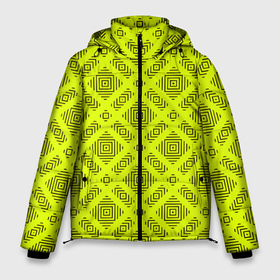 Мужская зимняя куртка 3D с принтом Черный геометрический орнамент на желтом фоне в Екатеринбурге, верх — 100% полиэстер; подкладка — 100% полиэстер; утеплитель — 100% полиэстер | длина ниже бедра, свободный силуэт Оверсайз. Есть воротник-стойка, отстегивающийся капюшон и ветрозащитная планка. 

Боковые карманы с листочкой на кнопках и внутренний карман на молнии. | Тематика изображения на принте: 