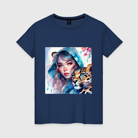 Женская футболка хлопок с принтом Девушка и леопард   нейросеть в Екатеринбурге, 100% хлопок | прямой крой, круглый вырез горловины, длина до линии бедер, слегка спущенное плечо | 